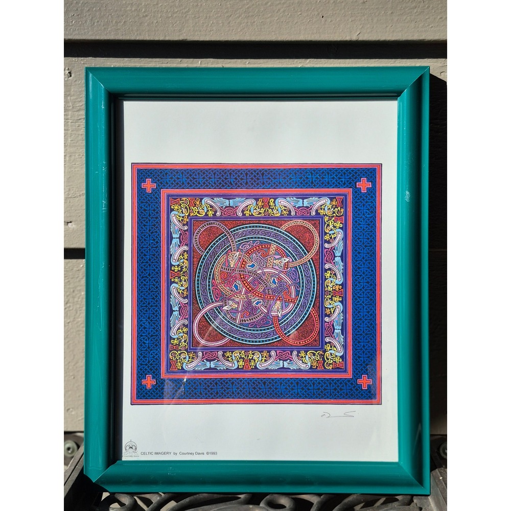 Courtney Davis Celtic Imagery 1993 Framed Art Print Knotwork Teal Frame Signed